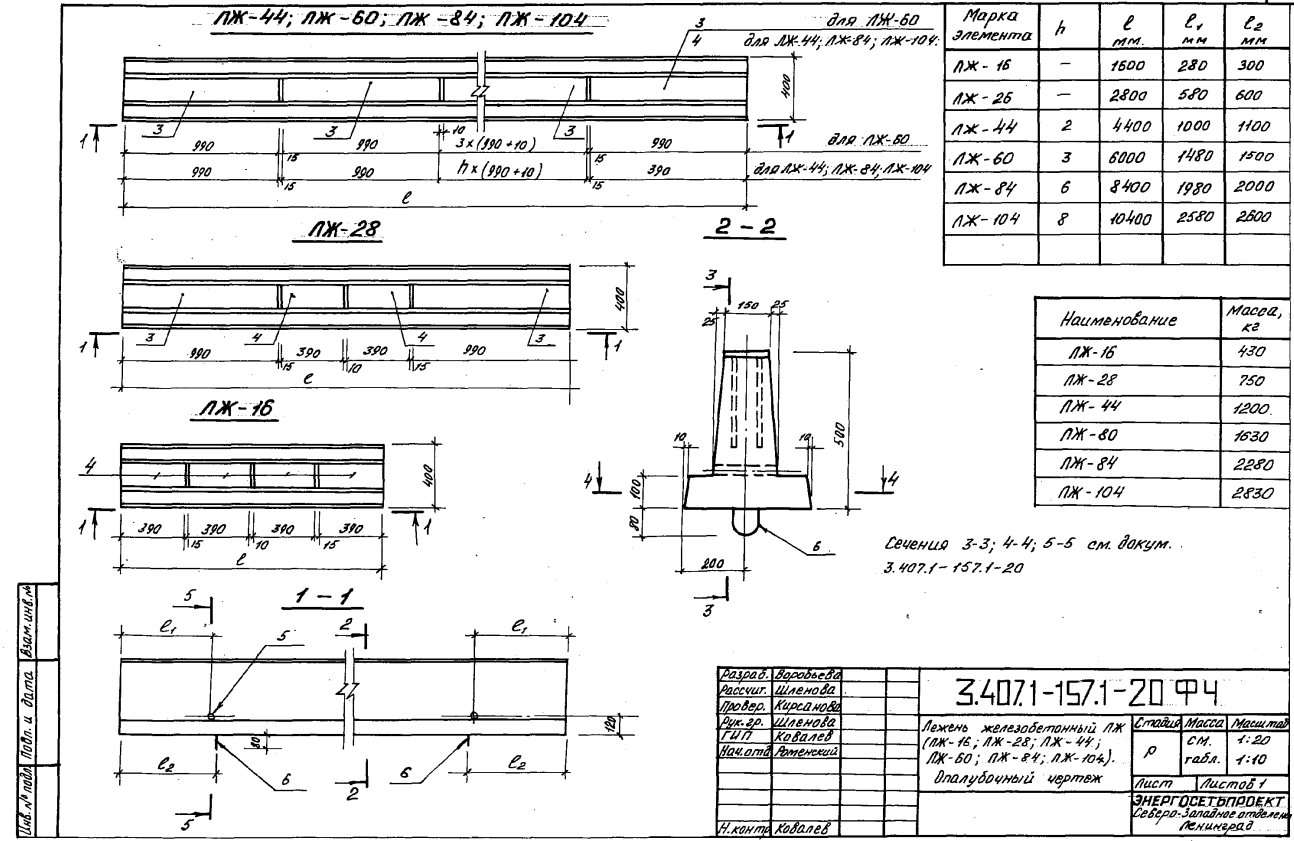 Лежень железобетонный ЛЖ (3.407.1-157.1- 20) чертеж